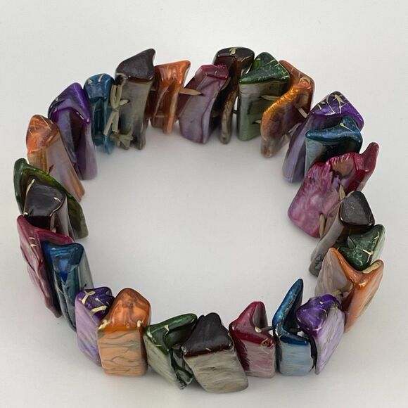 Stunning Multi Color Rainbow Mother Of Pearl Beaded Stretch Bracelet Boho Bold - Picture 5 of 7